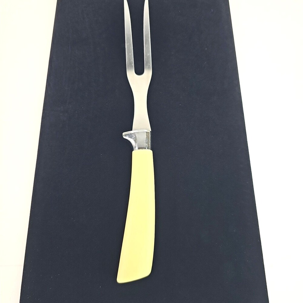 Vintage Quikut Carving Serving Fork Off White Plastic Handle Stainless USA 10 in